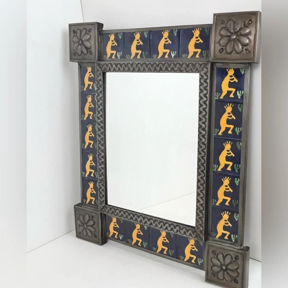 Vintage Ornate Natural Tin & Mexican Tile Mirror